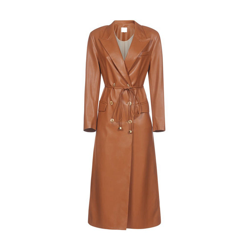 High End PU Leather Trench Coat For Women Lace-up Waist Notched Long Sleeve Slim Fashion Windbreaker