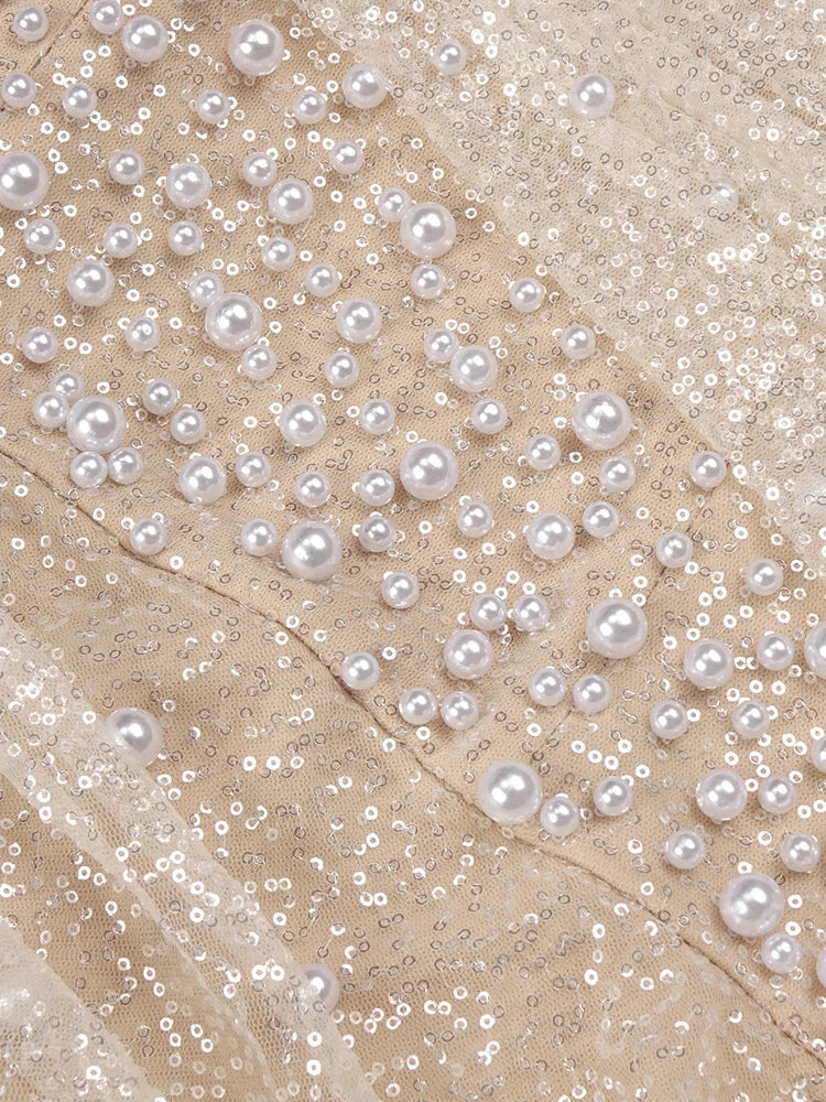 Women Elegant Off Shoulder Short Sleeves Pearl Sequins Design Sparkling Maxi Long Gown