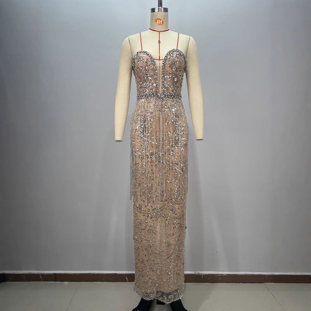 Shiny Rhinestone Sequin Strapless Dress  Female Party Evening Gown