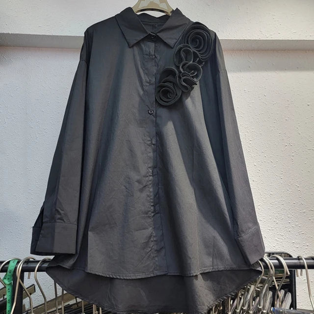 Fashion Women's Three-dimensional Flower T-shirts Loose Casual Long Sleeved Solid Color Tops Female  Autumn