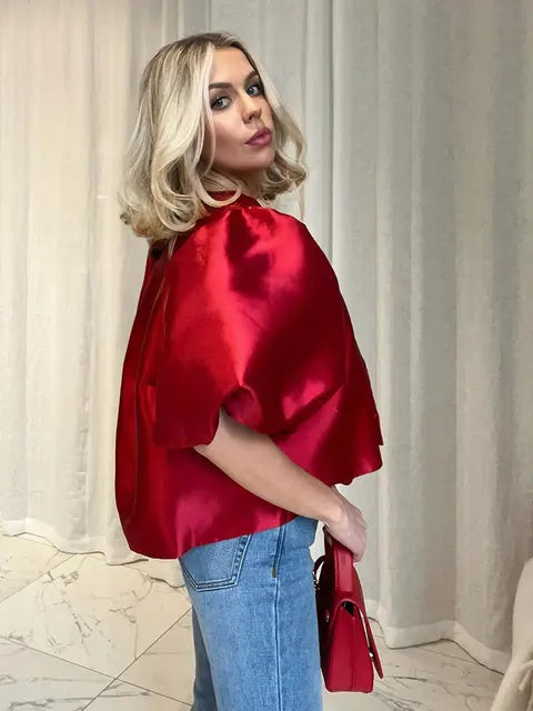 Solid Satin New Women's Blouse Top With Pouf Balloon Sleeve Spring Summer Female Sleeves O Neck Loose Short Shirt Female Blouses