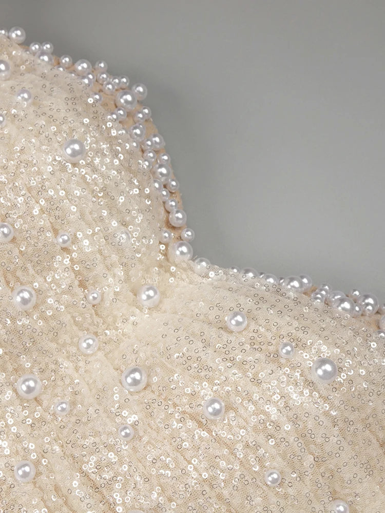 Women Elegant Off Shoulder Short Sleeves Pearl Sequins Design Sparkling Maxi Long Gown