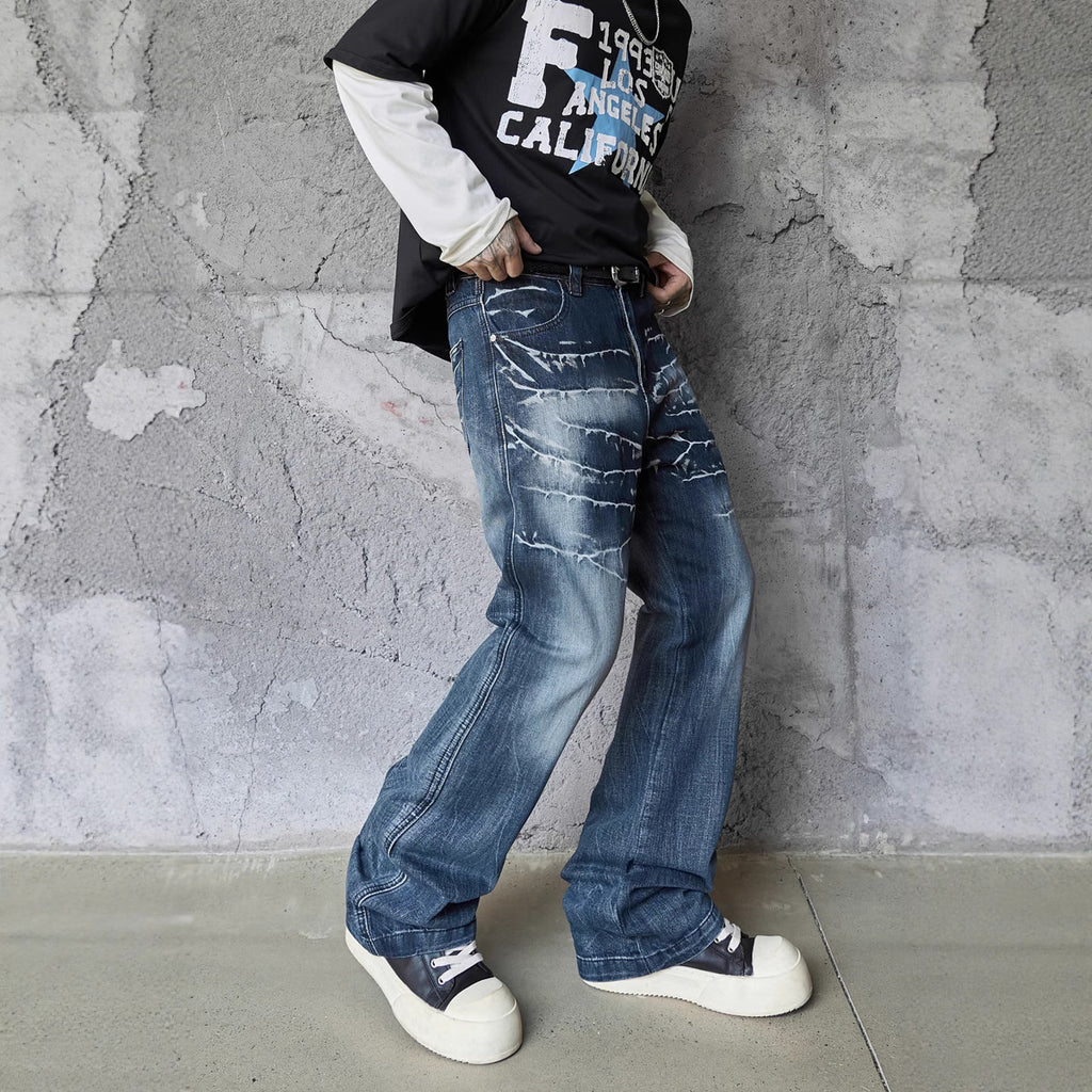 Retro Washed Lightning Pattern Men's Long Pants, INS Autumn Trendy Streetwear, Cool and Versatile Slightly Flared Jeans