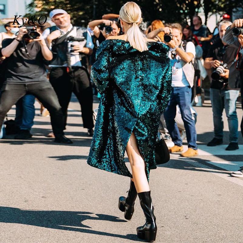 Spring New Green Sequins Mid-Length Back Slit Fashion Design Windbreaker Women's Coat High-end Coat