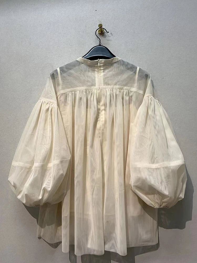 Summer Mesh Shirts For Women Round Neck Lantern Sleeve Loose Minimalist Folds Casual Pullover Korean Blouse Female New