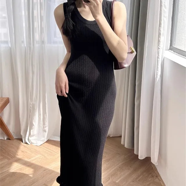 Green or Black Women U Neck Ruffles Knit Tank Dress  Spring Summer Female Sleeveless Midi Robes