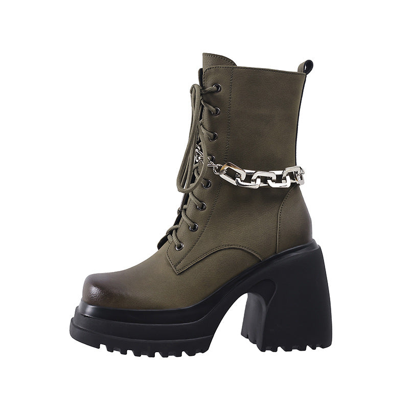 Women's Genuine Leather Autumn Winter Shoes Chunky High Heels Platform Black Brown Punk Dress Party Casual Lady