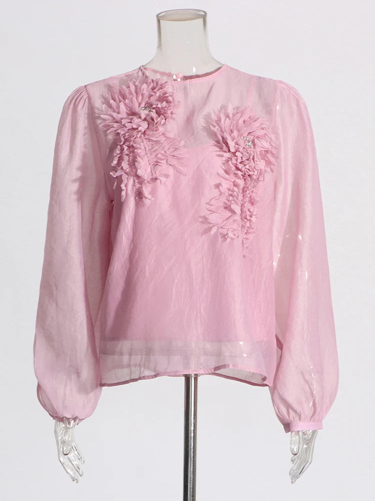 Patchwork Appliques Temperament Shirts For Women Round Neck Lantern Sleeve Chic Loose Shirt Female Fashion Clothes