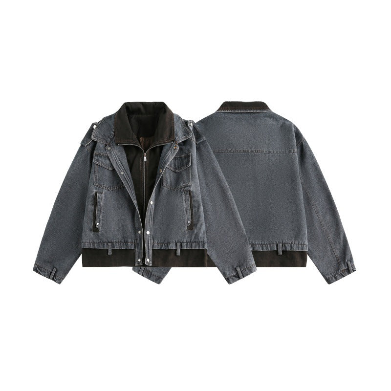 Streetwear Patchwork Faux Two-Piece Short Retro Loose Denim Jacket