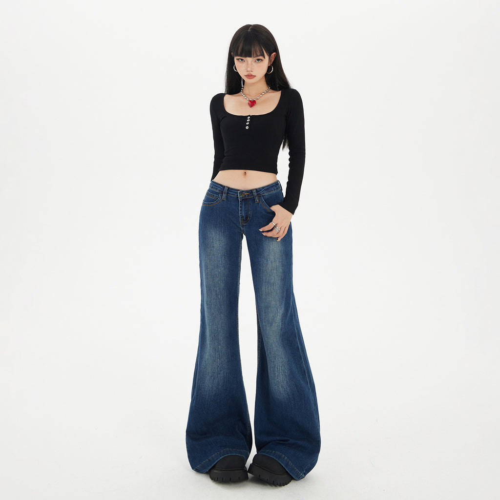 Blue Low-Waist Flared Jeans for Women Autumn Casual Versatile Hanging Flared Pants
