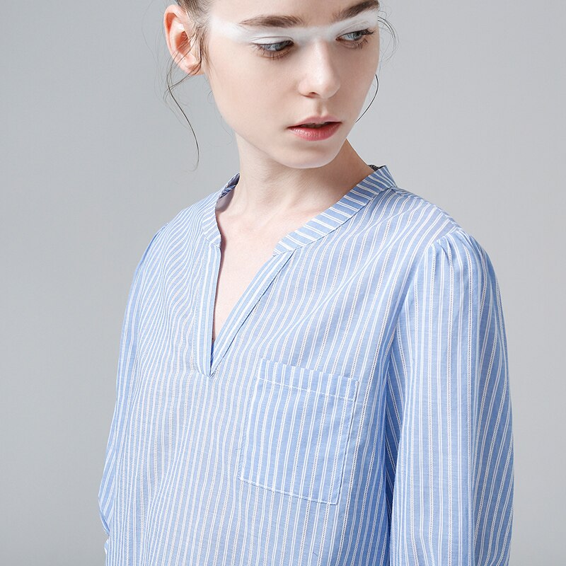 Toyouth New Vertical Striped  Women Tops And Blouses Summer Half Sleeve V Neck Shirts Female Slim Thin Blue Blouse Casual Camisa