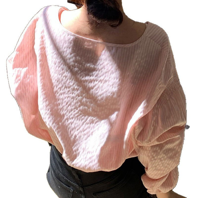 Strawberry Special~ Handmade Linen Cotton Small V-Neck Forked Gathered Two-Button Lantern Sleeve Shirt