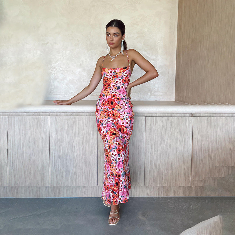 Elegant slim fit camisole printed bright beauty dress