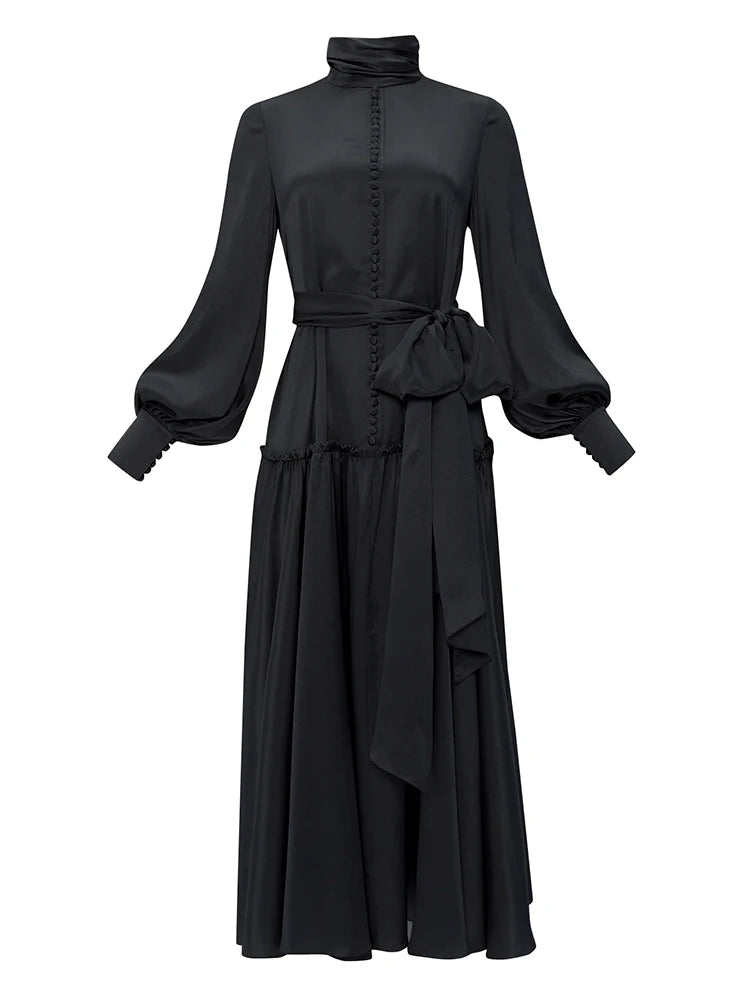 Patchwork Lace Up Solid Elegant Dresses For Women Turtleneck Lantern Sleeve High Waist Temperament Dress Female Fashion New