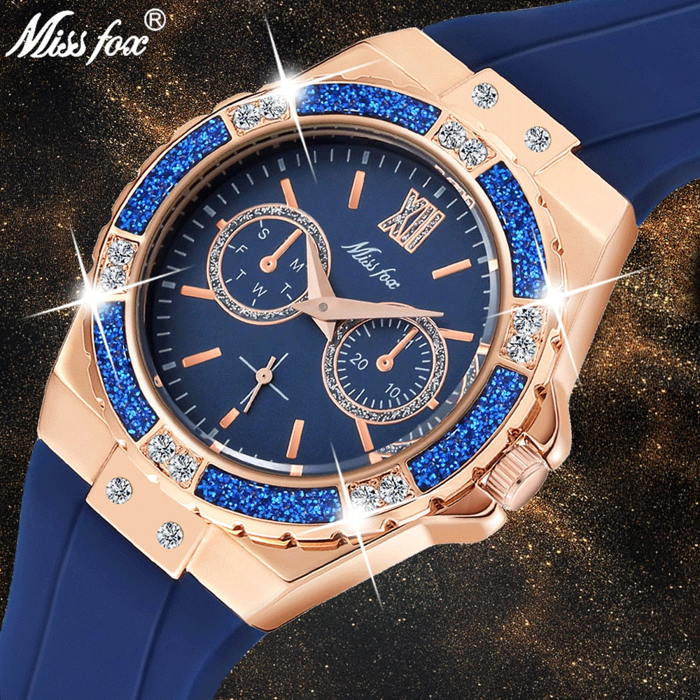 MISSFOX  2593 Women's Watches Chronograph Rose Gold Sport Watch Ladies Diamond Blue Rubber Band Xfcs Analog Female Quartz Wristwatch