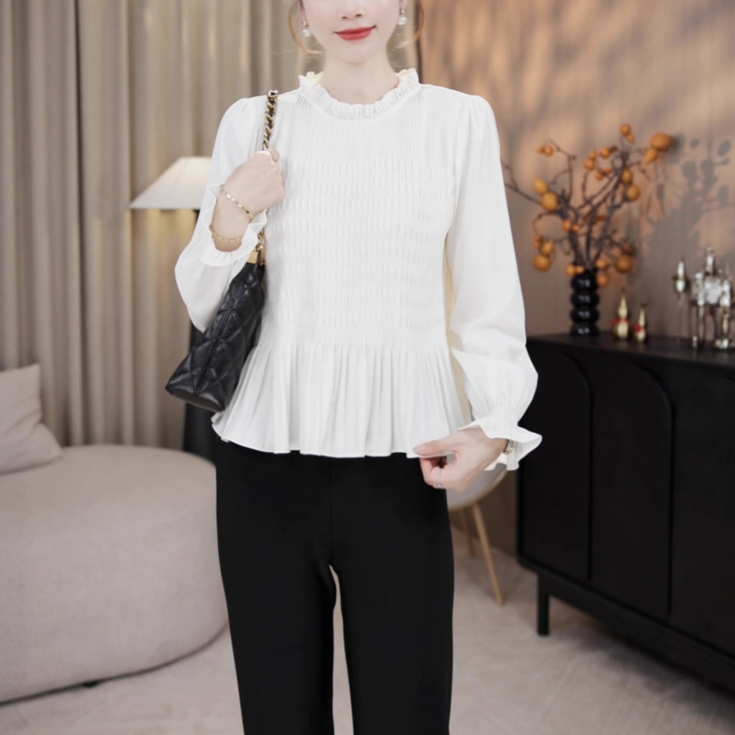 Collar Blouse for Women, Heavy Work Pleated Design, Slim Fit, Stylish Shirt