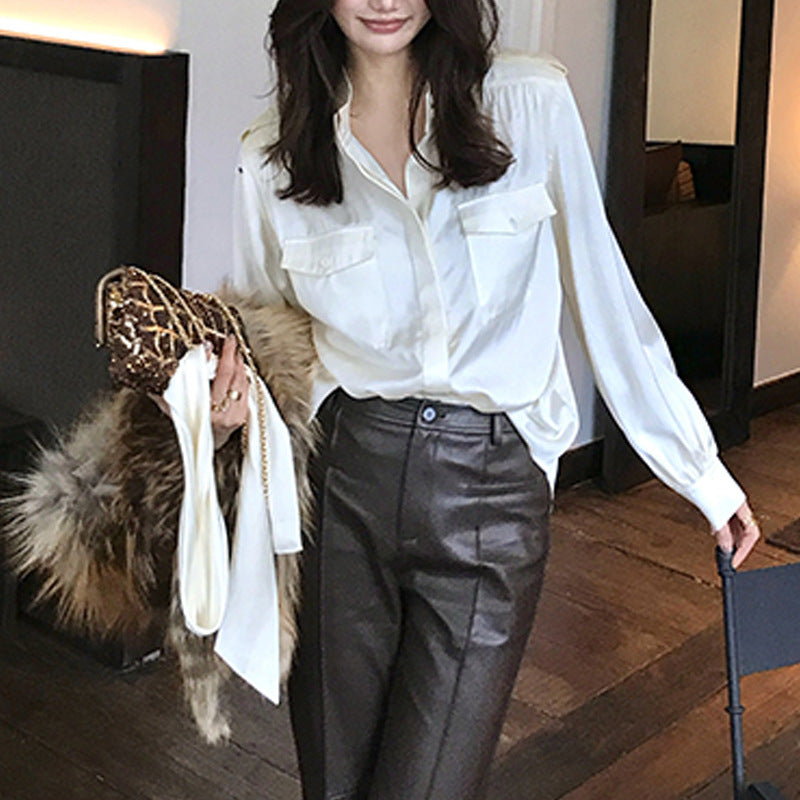 Vintage Style Designer Satin Blouse for Women,  Unique Loose Fit, Slimming Long Sleeve Top
