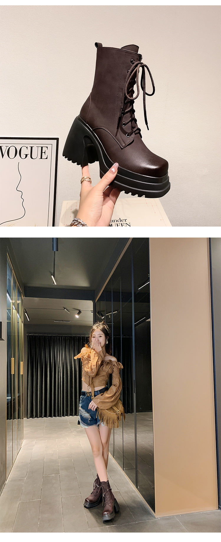 Women's Genuine Leather Autumn Winter Shoes Chunky High Heels Platform Black Brown Punk Dress Party Casual Lady