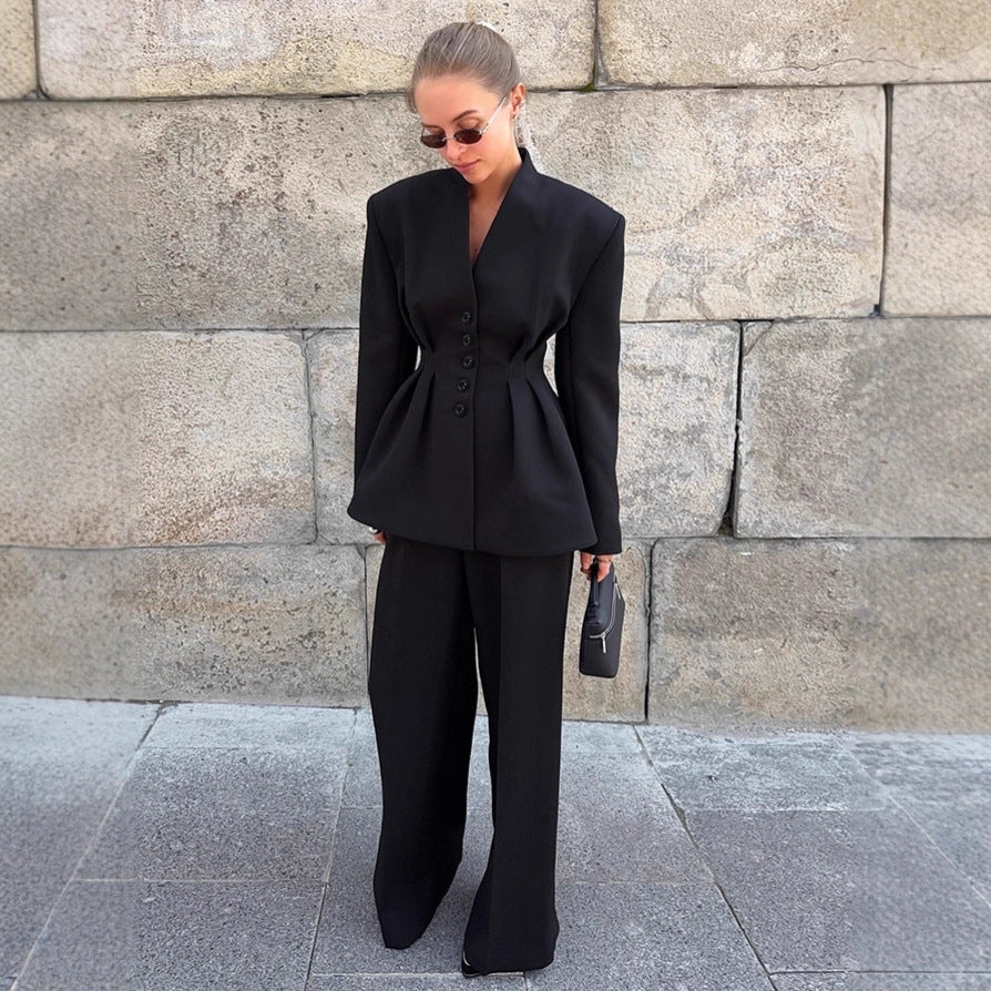 Style Commuter Black Suit Set for Women Office Slim Fit Blazer and Trousers Two-Piece Set