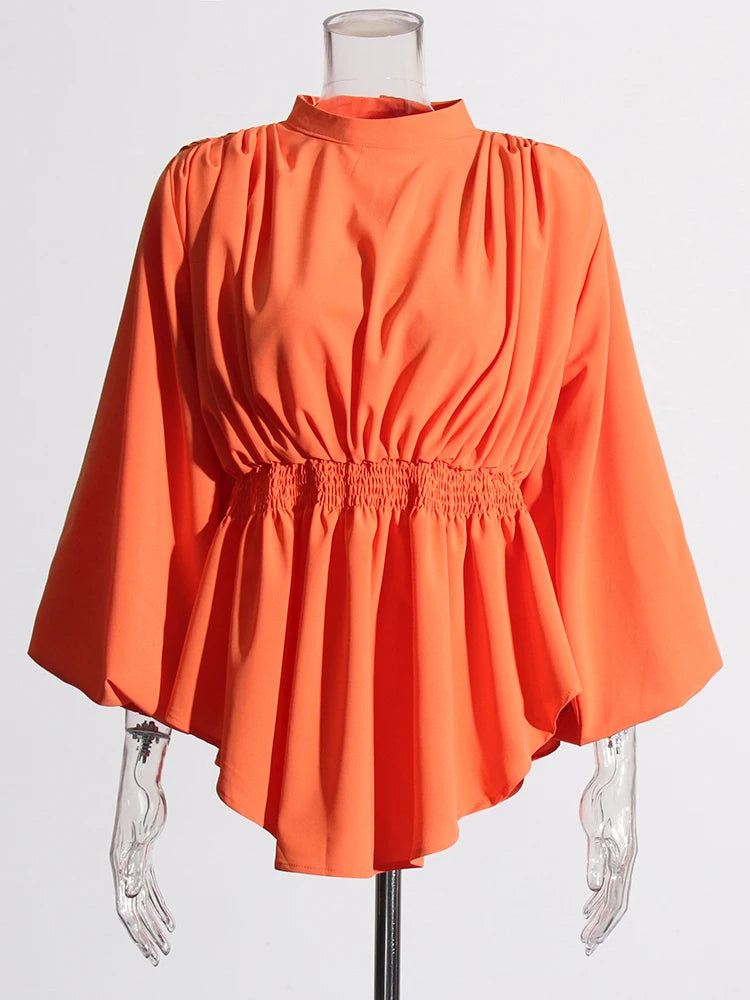 Solid Casual Loose Shirts For Women Round Neck Puff Sleeve Tunic Patchwork Folds Temperament Shirt Female Fashion