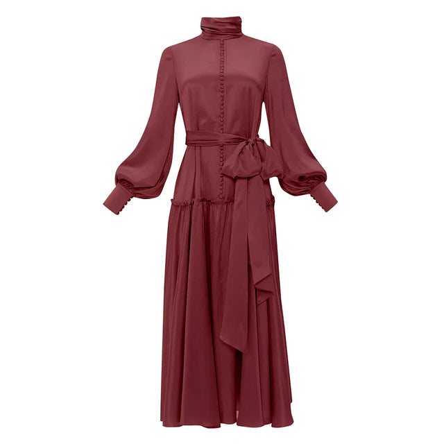 Patchwork Lace Up Solid Elegant Dresses For Women Turtleneck Lantern Sleeve High Waist Temperament Dress Female Fashion New