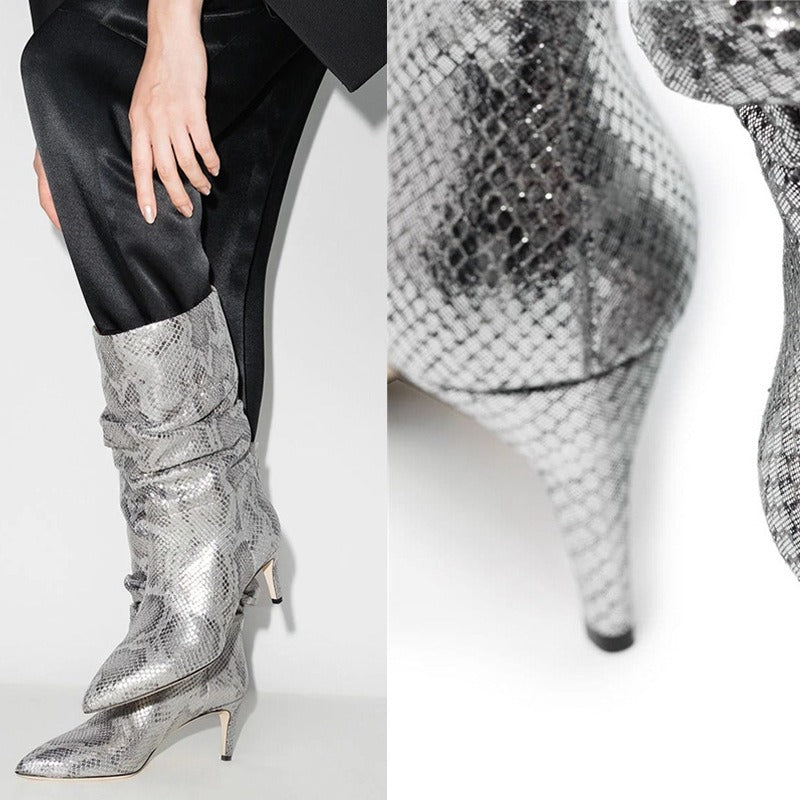 Women Fold Over Boots Pointed Toe Handmade Female Fashion Mid-Calf Boots Snake Microfiber High Boots Party Shoes