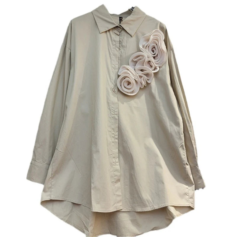 Fashion Women's Three-dimensional Flower T-shirts Loose Casual Long Sleeved Solid Color Tops Female  Autumn