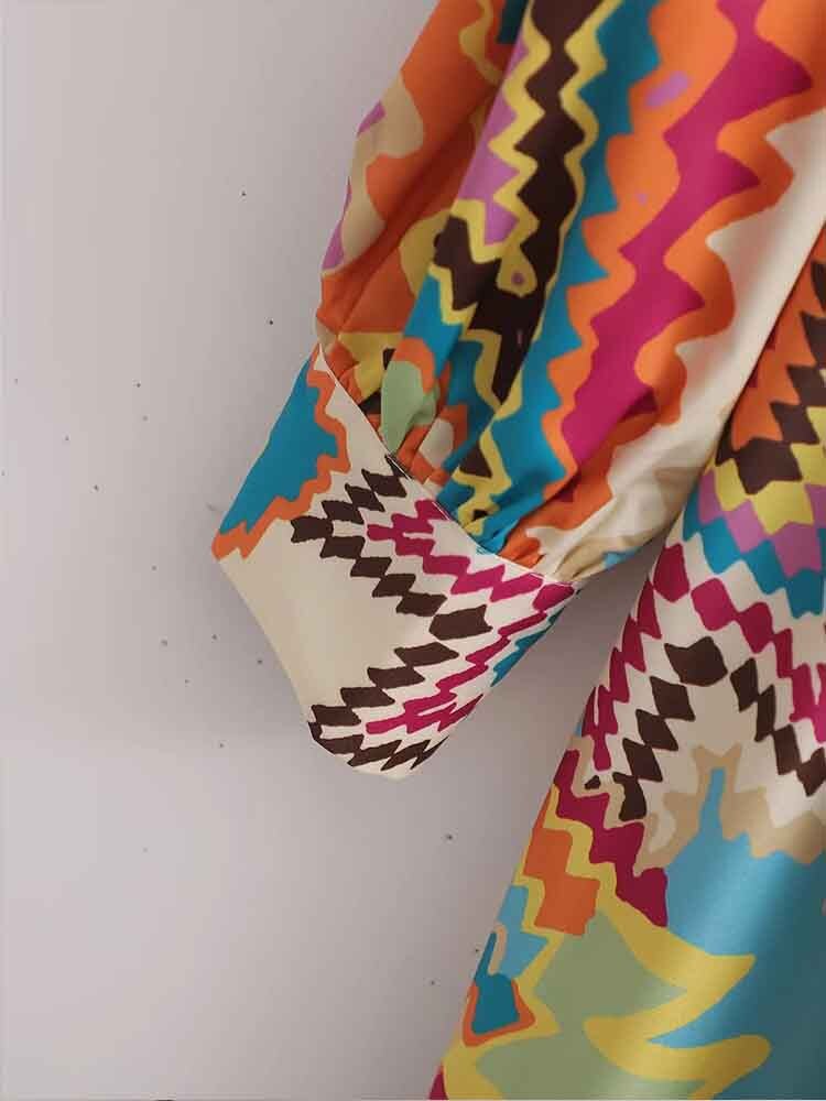 Women Dress Fashion Printed Midi Dress Woman Vintage Long Sleeve Female Party Dresses