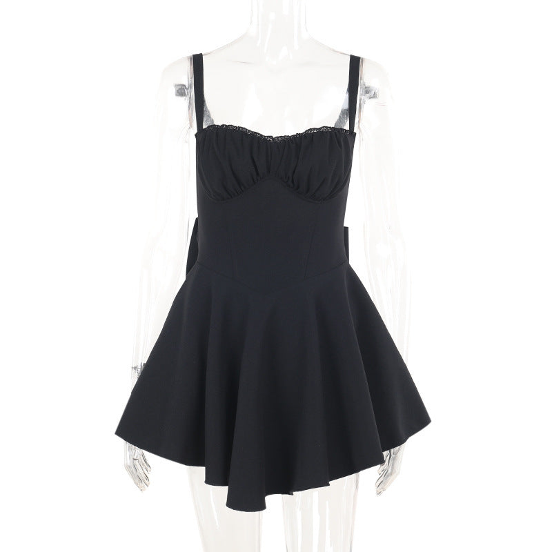 Sexy slim fit bow suspender dress with hip wrap
