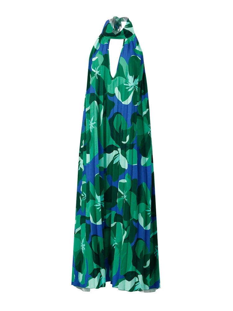 Sexy Pleated Print Halter Dress Women Loose V-neck Sleeveless Backless Irregular Ruffle Female Dresses Summer Ladies Robe