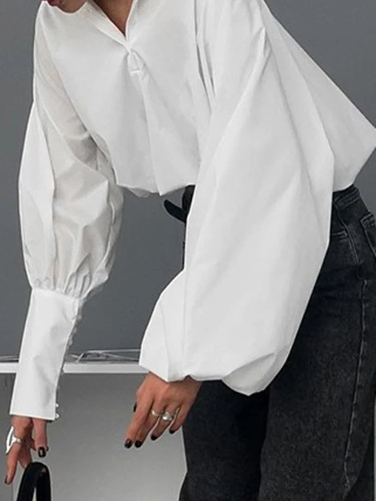 Solid Patchwork Button Elegant Shirts For Women Lapel Long Sleeve Loose Spliced Ruffles Blouse Female Fashion New