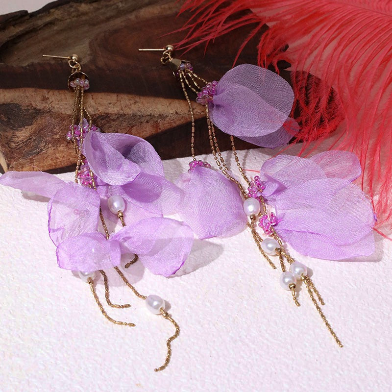 Handmade fabric pearl earrings female super fairy long tassel earrings