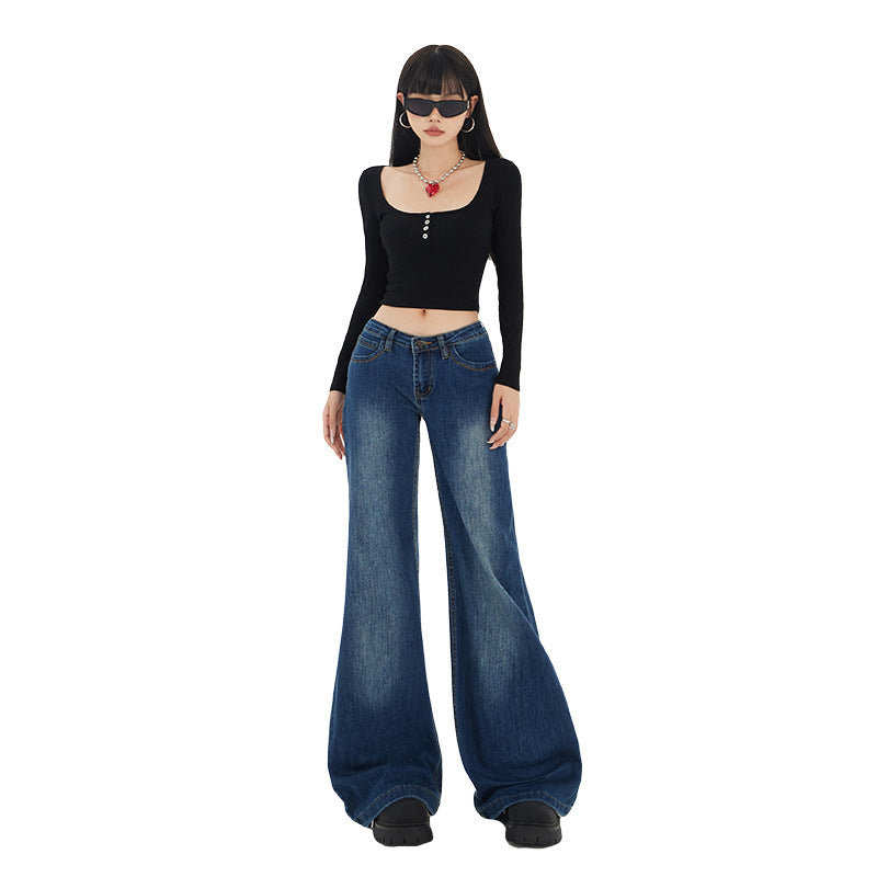 Blue Low-Waist Flared Jeans for Women Autumn Casual Versatile Hanging Flared Pants