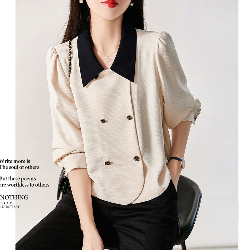 Two-Way Wear Twill Texture Color-Blocking Tweed Style Shirt Jacket, Apricot, Long Sleeve Top for Petite Women