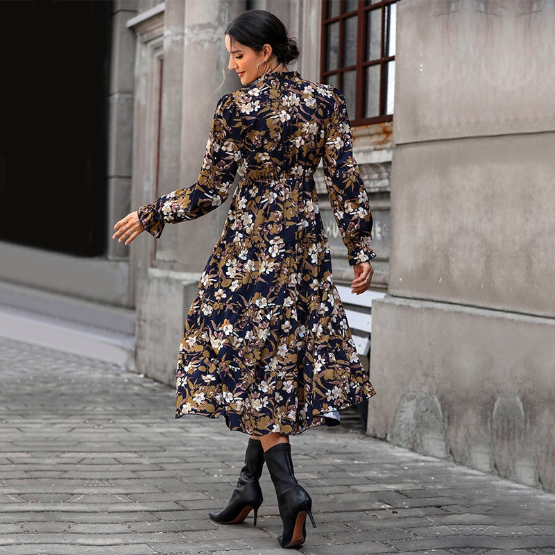New autumn and winter women's printed European and American dresses with a sense of female design