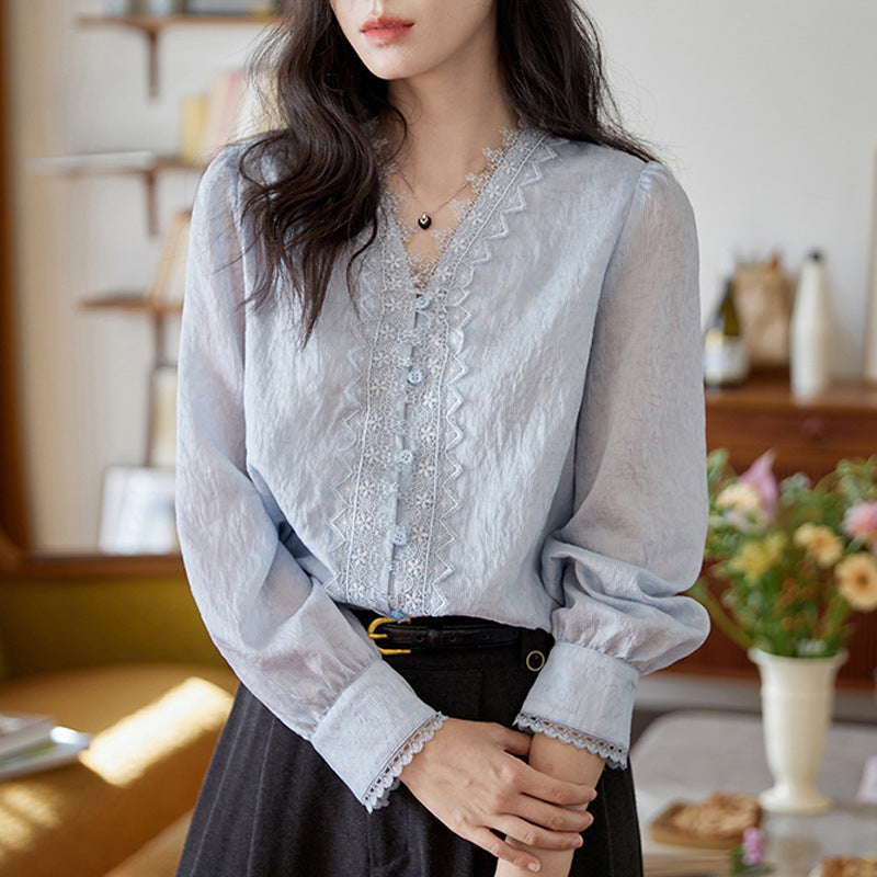 Blue V-Neck Lace Embroidered Long Sleeve Shirt Women  Vintage Elegant Commute Top