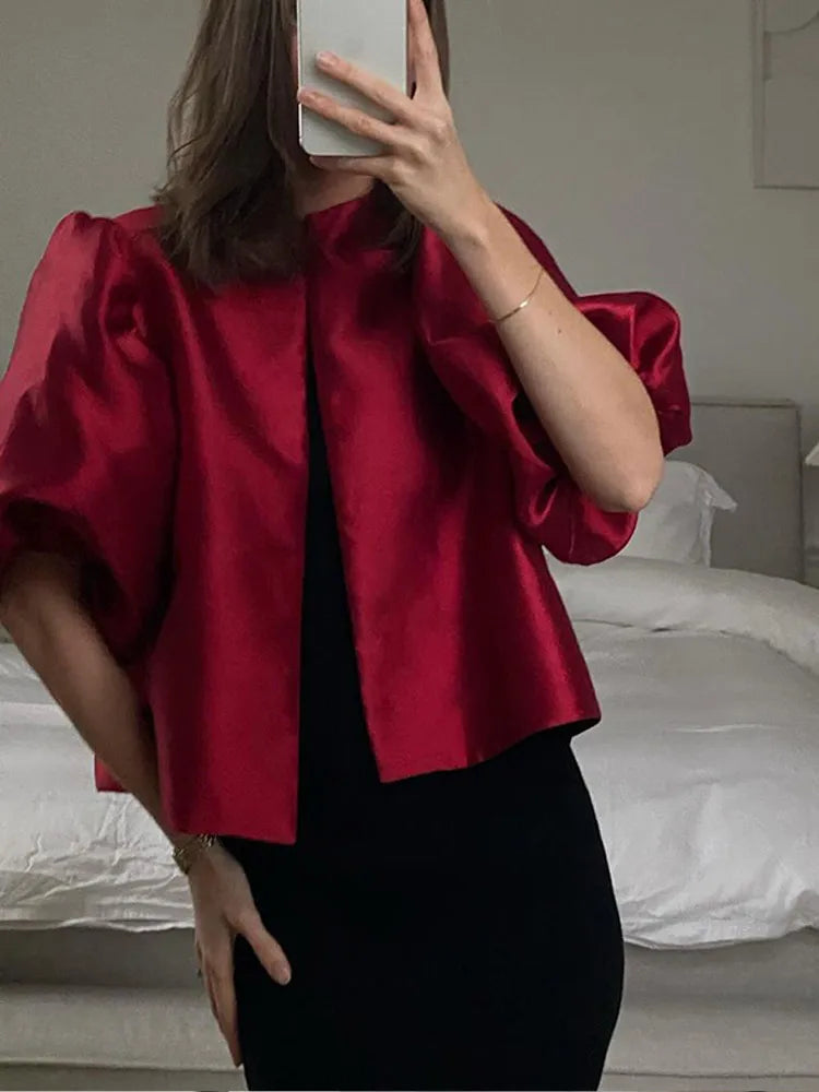 Solid Satin New Women's Blouse Top With Pouf Balloon Sleeve Spring Summer Female Sleeves O Neck Loose Short Shirt Female Blouses