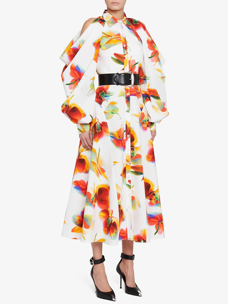 Colorblock Printing Casual Dresses For Women Lapel Long Sleeve High Waist Spliced Button Hollow Out Elegant Dress Female New