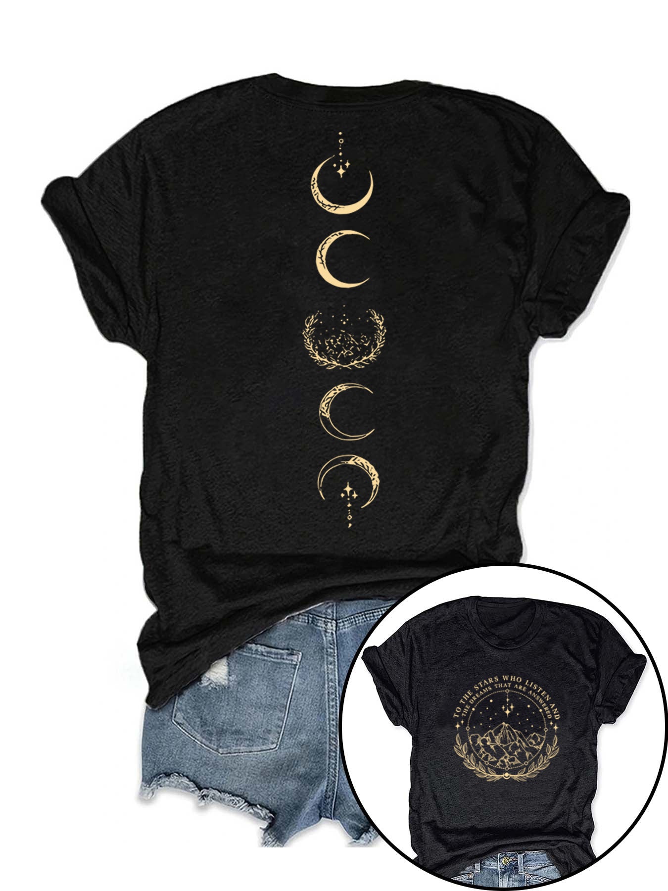 Moon pattern round neck short sleeved shirt