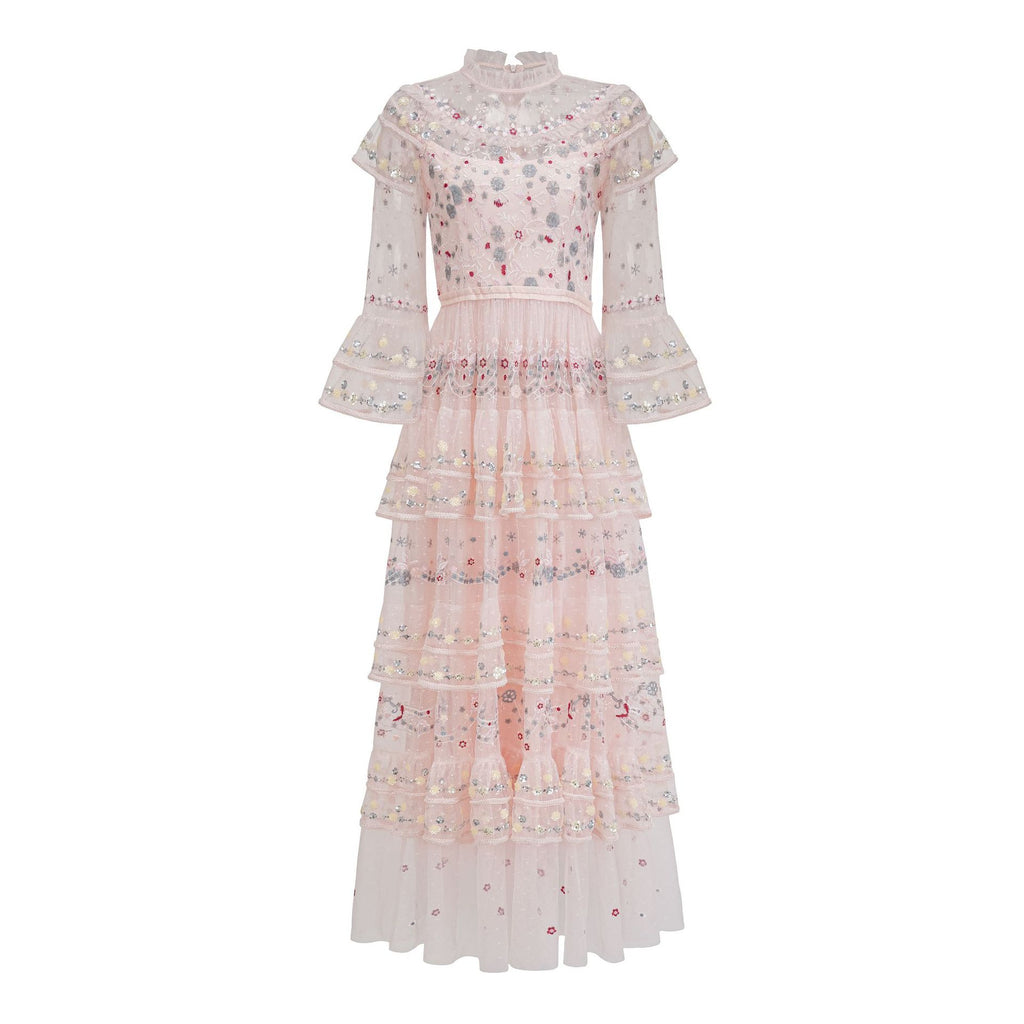 Cross-border European and American New Sequined Three-quarter Sleeve Heavy Craftsmanship Waist-cinched Tiered Hem Long Evening Dress