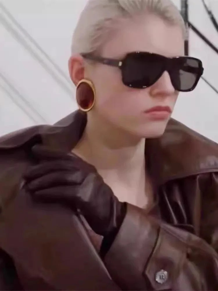 Vintage Exaggerated Wine Red Resin Geometric Oval Large Earrings for Women Chunky Unique Party Heavy Jewelry Accessories