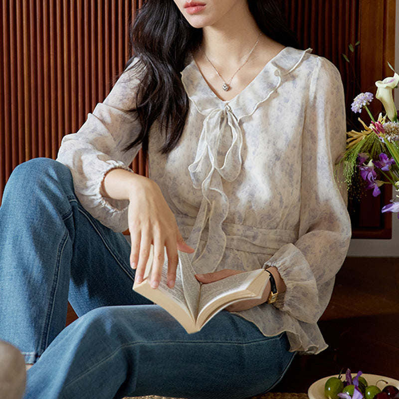 Blue Printed Ruffle Tie-Back Long Sleeve Shirt for Women Vintage Fitted Slim Fit Top