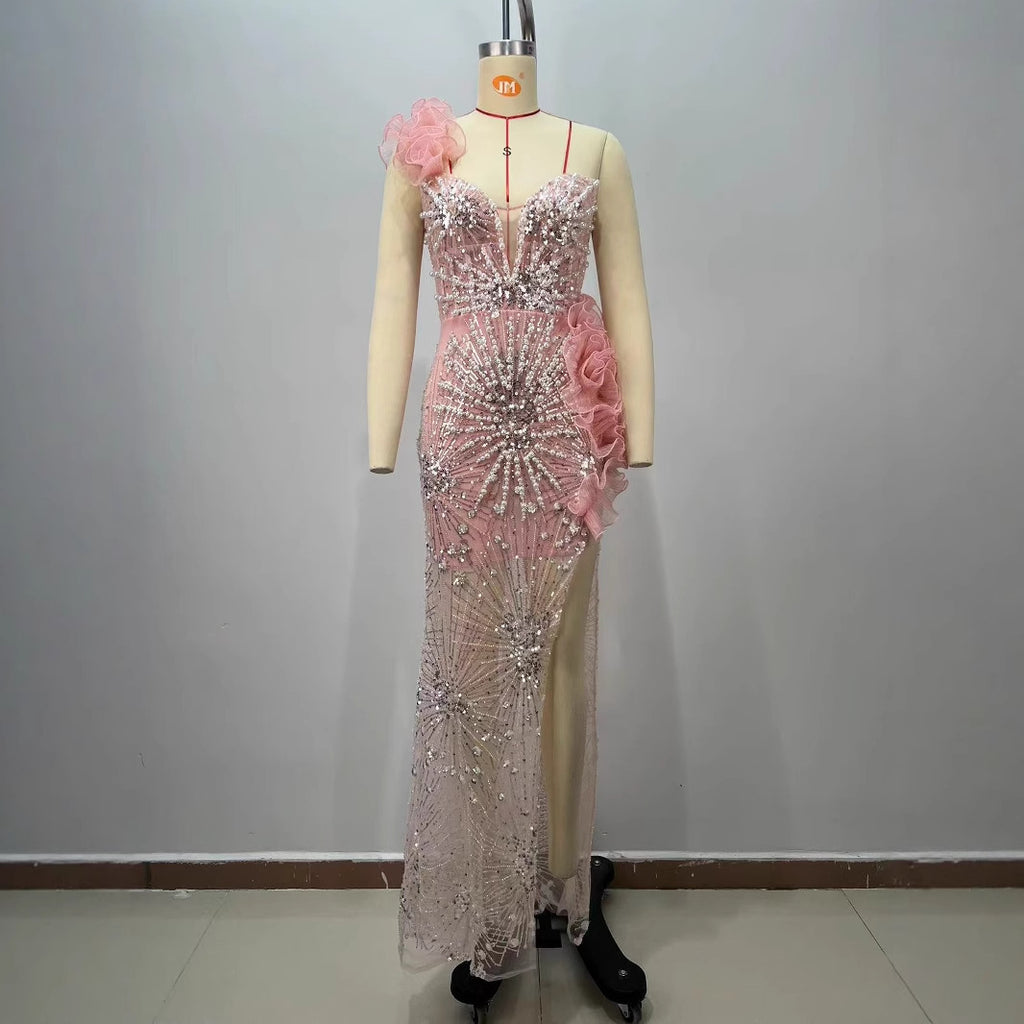 Fashionable Pink Strapless Sequined Pleated Hem Fitted Beaded Slit Long Maxi Dress for Evening