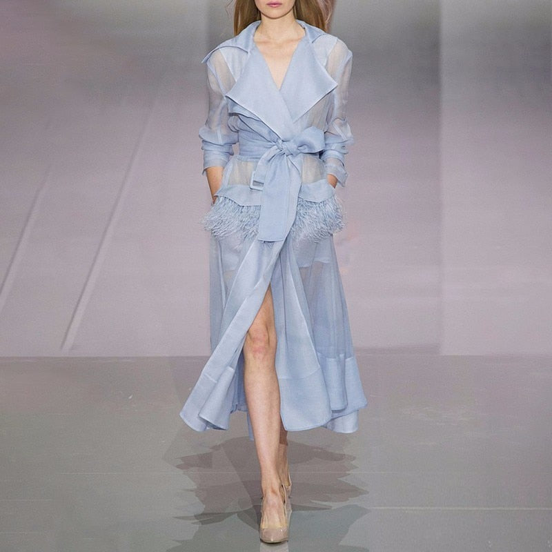 Voilet Lace up Windbreaker Dress Women Long Sleeve Feather Pockets Sexy Party Dresses Female Elegant Clothes