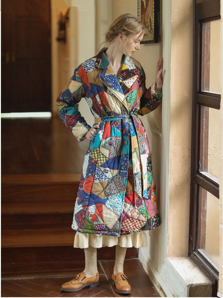 Autumn And Winter New Patchwork Vintage Slim Long Warm Cotton Padded Clothes