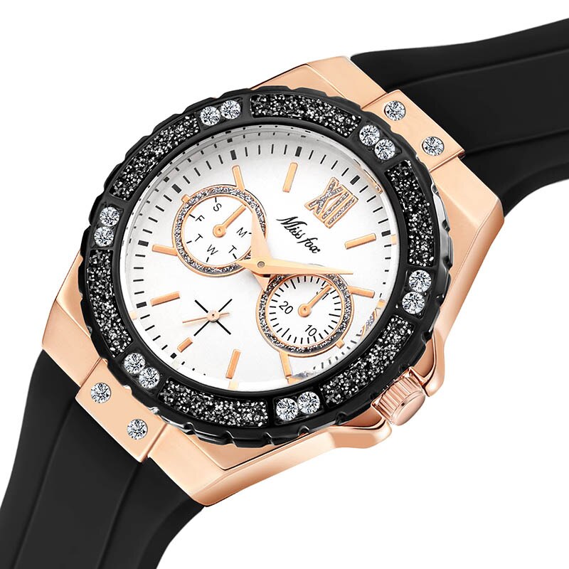 MISSFOX  2593 Women's Watches Chronograph Rose Gold Sport Watch Ladies Diamond Blue Rubber Band Xfcs Analog Female Quartz Wristwatch