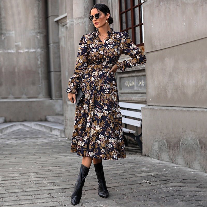 New autumn and winter women's printed European and American dresses with a sense of female design