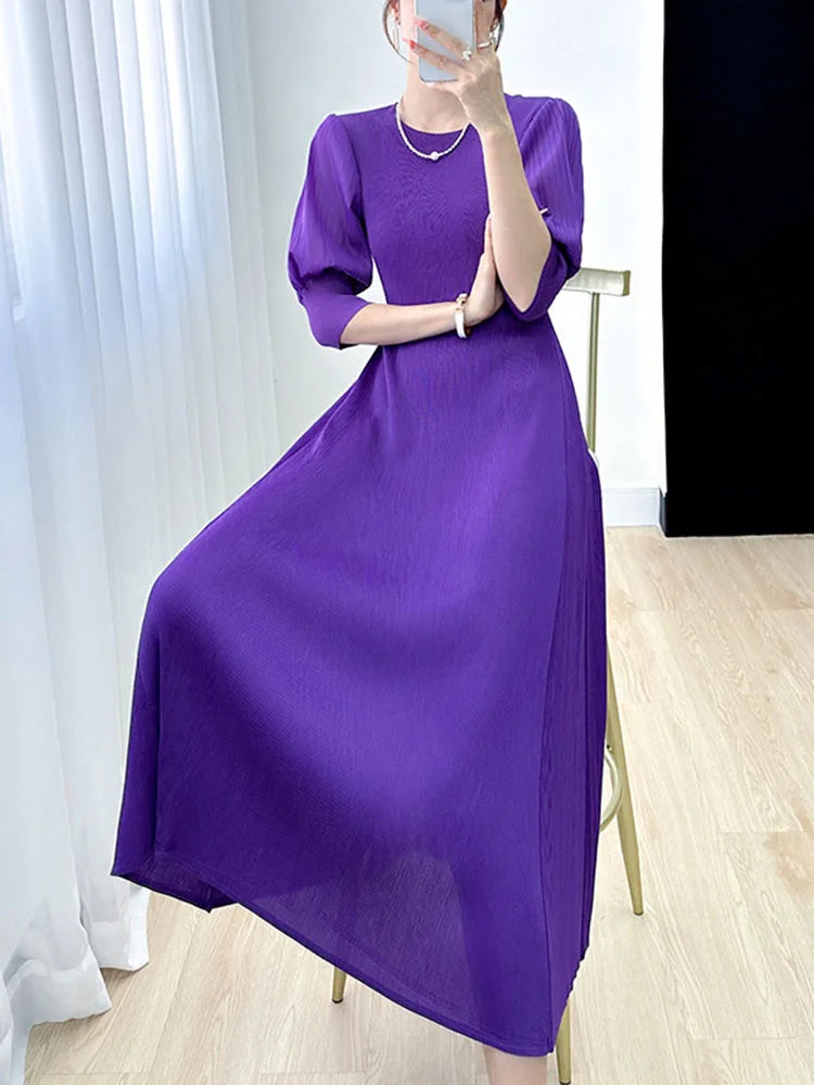 Pleated Dress Women Lantern Sleeve Solid Color Round Collar A Line Loose New Medium Long Elegant Female