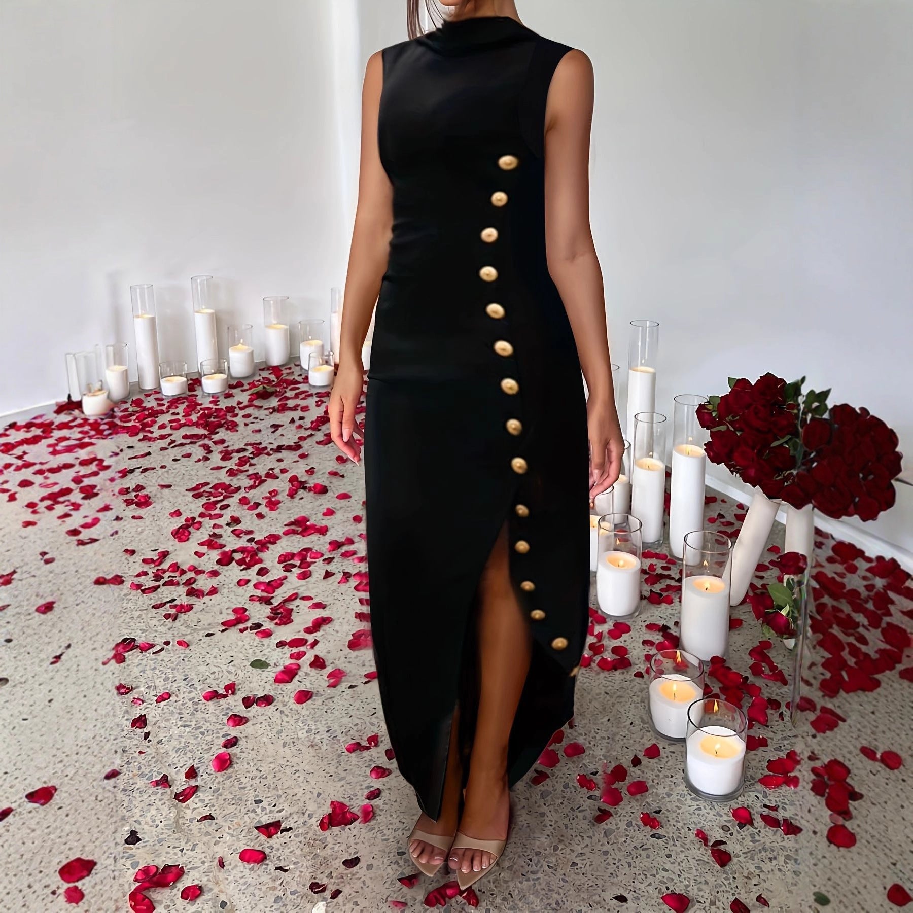 Chic Solid Color Button Side Slit Shawl Collar Long Dress