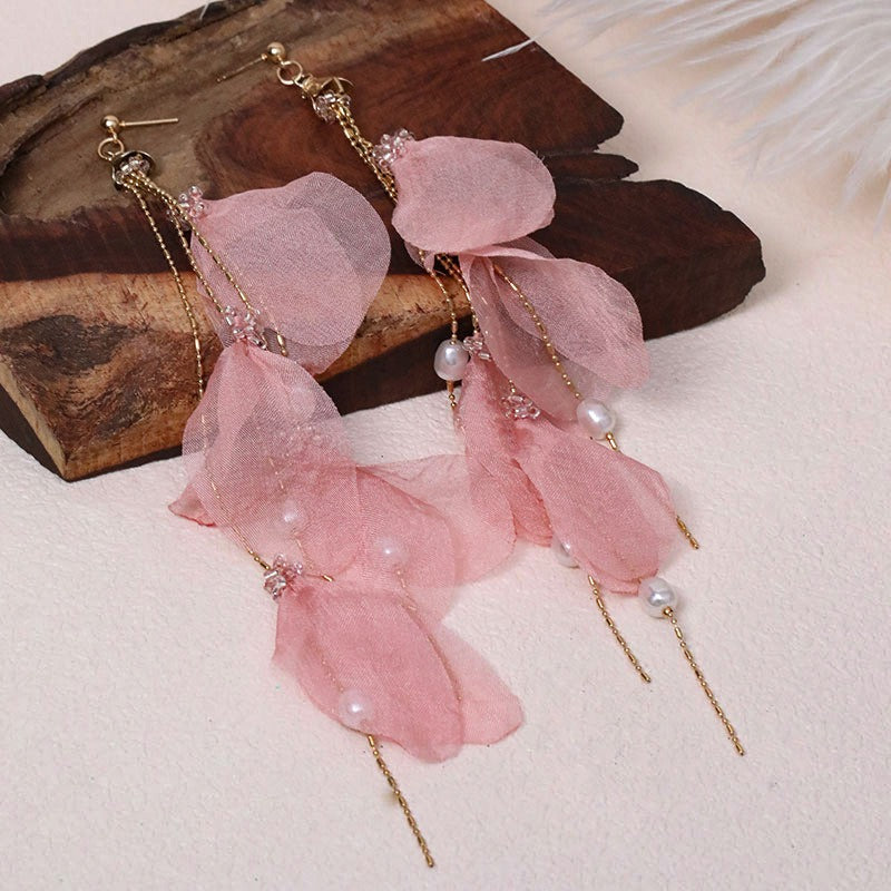 Handmade fabric pearl earrings female super fairy long tassel earrings